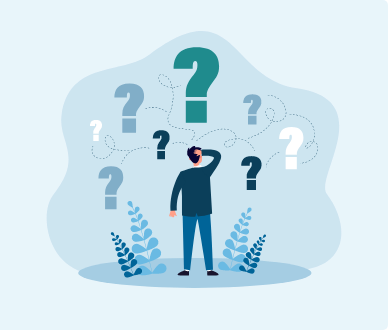 man with question marks graphic